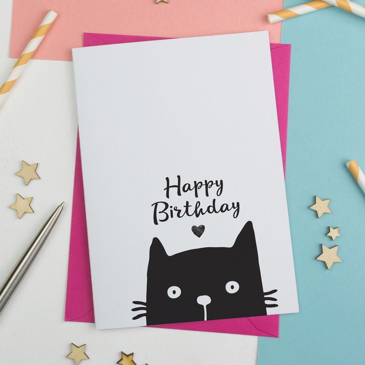Happy Birthday Cat Card – Cute Kitty Design with Heart – Blank Inside ...