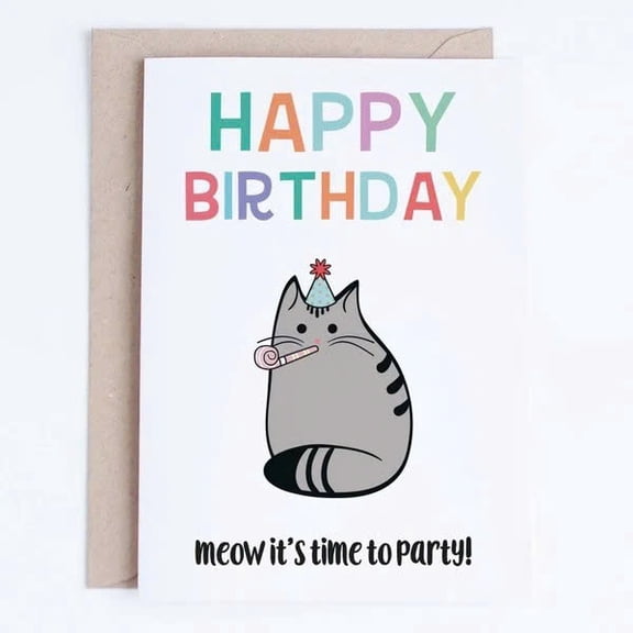 Happy Birthday Cat Card Cute Kitty in Party Hat "Meow Its Time to Party!" Blank Inside, Envelope Included Perfect for Cat Lovers and Birthday Celebrations