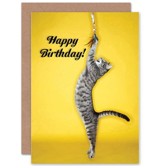 Happy Birthday Cat Toy Play Yellow Greetings Card Plus Envelope Blank inside