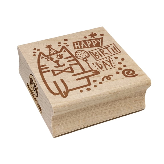 Happy Birthday Cat with Hat and Balloon Square Rubber Stamp Stamping Scrapbooking Crafting - Large 2.75in
