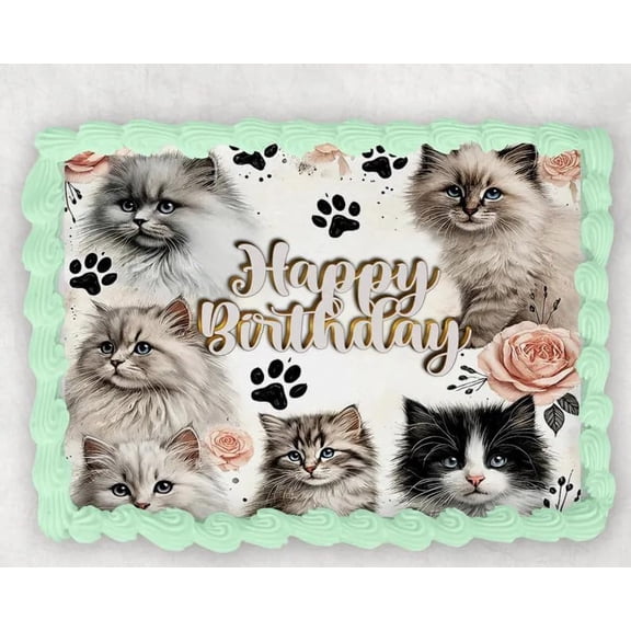 Happy Birthday Cats Cake Image Topper, Cute Cat Birthday Cake Decoration, Personalized 1/4 Sheet Edible Cake Banner for Cat Lover Parties