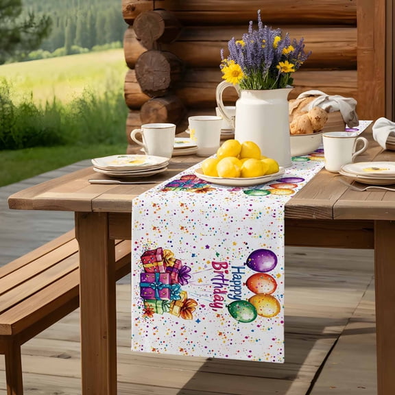 Happy Birthday Celebration Party Table Runner 70 Inch Long Colorful Present Balloon Table Runners Linen Burlap Tablerunner for Kitchen Dining Room Holiday Party