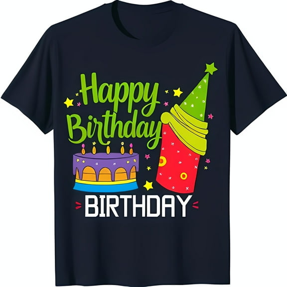 Happy Birthday Celebration T-Shirt Dark Blue Tee with Cake Party Hat & Stars Design