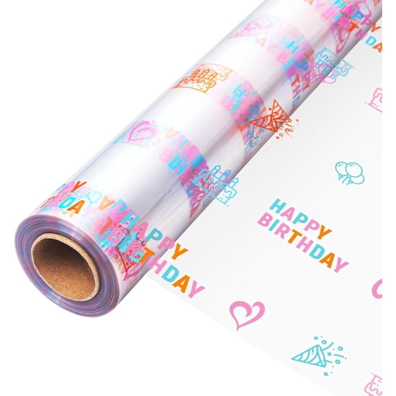 Happy Birthday Cellophane Wrap Roll (35'' Wide X 50 FT Long) - 3 Mil Thick Clear Cellophane Roll, Birthday Cellophane Bags Large, Wrapping Paper for Flower Gift Baskets Wrap (35" fold into 17.5")