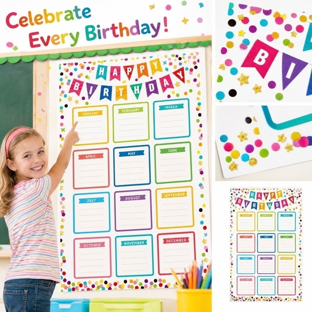 Happy Birthday Chart Poster for Classroom 4PCS, Reusable Laminated ...