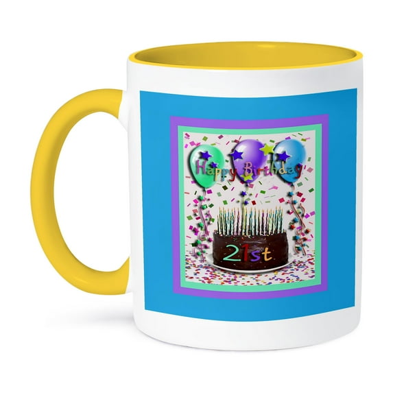 3dRose, Happy Birthday Chocolate Cake 21st, 11oz Two-Tone Yellow Mug
