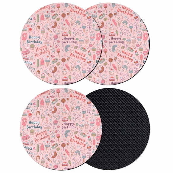 Happy Birthday Coasters Set of 4, Absorbent Coasters for Drinks, Pink Cartoon Funny Ice Cream Donut Cakes Coaster for Desk Coffee Table Protection, Home Decor House Warming Gifts 4"