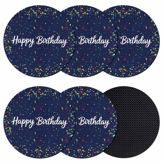 Happy Birthday Coasters Set of 6, Absorbent Coasters for Drinks, Navy Blue Modern Abstract Art Coaster for Desk Coffee Table Protection, Home Decor House Warming Gifts 4"