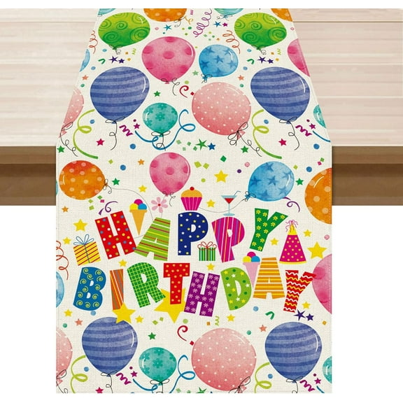 Happy Birthday Colorful Balloons Confetti Stars Table Runner Burlap Table Decoration for Home Kitchen Dining Dinner Indoor Holiday Party Farmhouse Decor 13x48 Inch