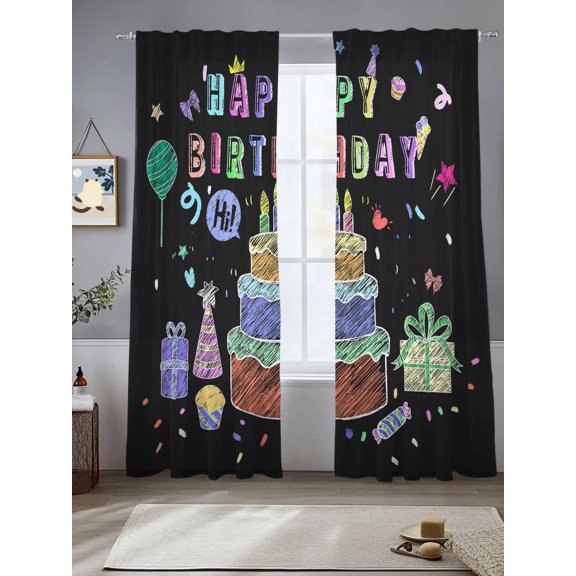 Happy Birthday Colorful Line Cake Present Box Chiffon Sheer Curtains 84 Inches Long Black Rod Pocket Window Curtains Voile Drapes Curtains for Living Room Bedroom,2 Panels