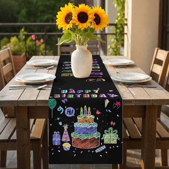 Happy Birthday Colorful Line Cake Present Box Table Runner 36 Inches Long,Kitchen Dining Tablerunners Black Linen Table Runners Dresser Scarves for Home Dinner Wedding Holiday Party Decor