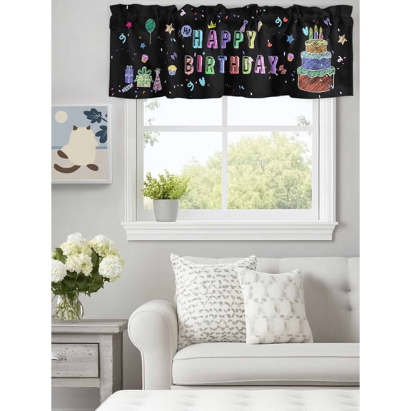 Happy Birthday Colorful Line Cake Present Box Valances for Windows,Kitchen Valance Rod Pocket Short Curtain, Black Valance Curtain Window Valances for Bedroom Bathroom Living Room 60x18in