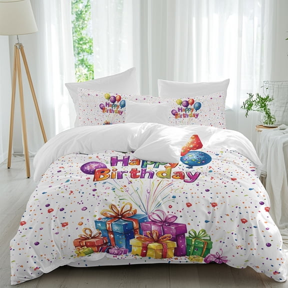 Happy Birthday Colorful Present Queen Size Bed Set,Watercolor Balloon Party Bedding for All Seasons,4 Pcs Bed Set,1 Quiltcover (90"x92"),1 Sheet(94"x116"),2 Pillowcases (30"x20")