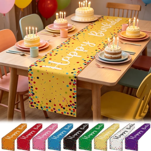 Happy Birthday Colorful Table Runner, Reusable Cloth Party Decoration for Dining Room Kitchen, Indoor Outdoor Home Decor Enhancement, Seasonal Holiday Celebration Gift Arrangement, Topliu