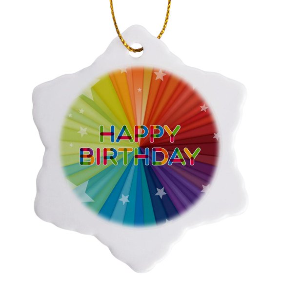 3drose, Happy Birthday Colorful Text Against the Rainbow Colors Rays, Stars, 3 inch Snowflake Porcelain Ornament
