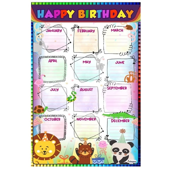 Happy Birthday Coloring Poster for Classroom, Happy Birthday Poster Chart for Classroom Decorations - Art Animal Birthday Poster Monthly Birthday Chart Class Birthday Decoration