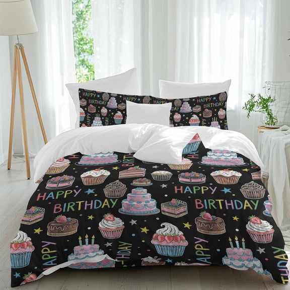 Happy Birthday Comforter Set Twin Size, Joyful Party Cupcakes Colorful Birthday Cakes Soft Bedding Set for Man Woman, 4 Pieces Duvet Cover Set with Fitted Sheet, 2 Pillowcases