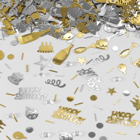 Happy Birthday Confetti, 1.6 oz Champagne Gold Silver Cake Balloon Star Goblet Bottle Swirl Glitter Confetti for Boys Girls Kids Women Men Happy Birthday Party Table Decorations Supplies