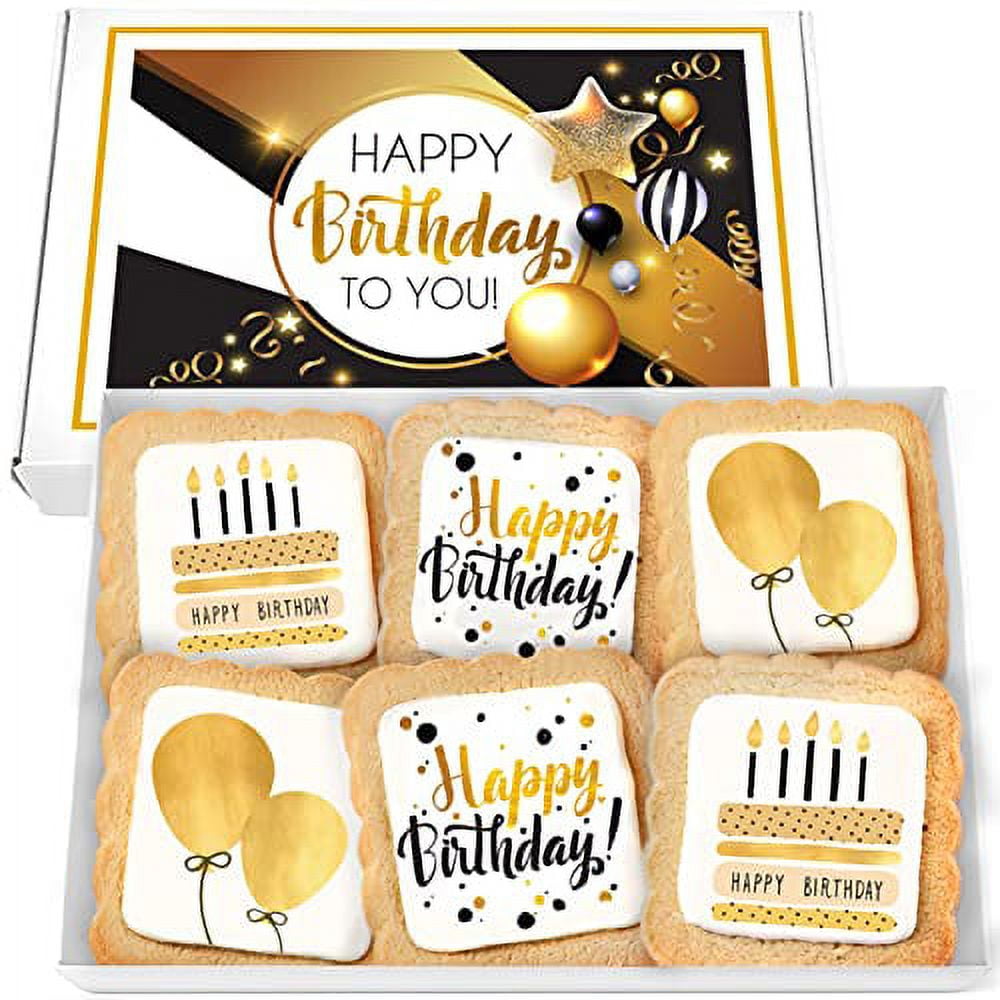 Happy Birthday Cookies 6 PACK Gift Basket Gold for Men Women Kids