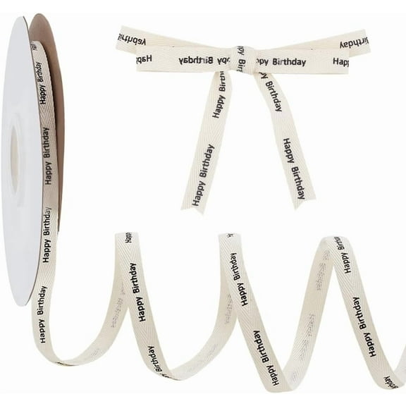 Happy Birthday Cotton Herringbone Tape Ribbon 3/8 Inch x 22 Yards White Letter Print for making