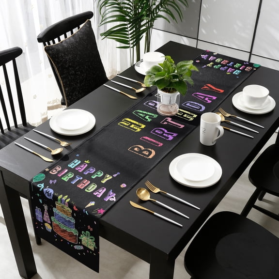 Happy Birthday Cotton Linen Table Runner 18 x 72 inch Birthday Gifts Cake Balloons Black Non-slip Rectangular Dining Table Decor for Wedding Party Holiday Dinner