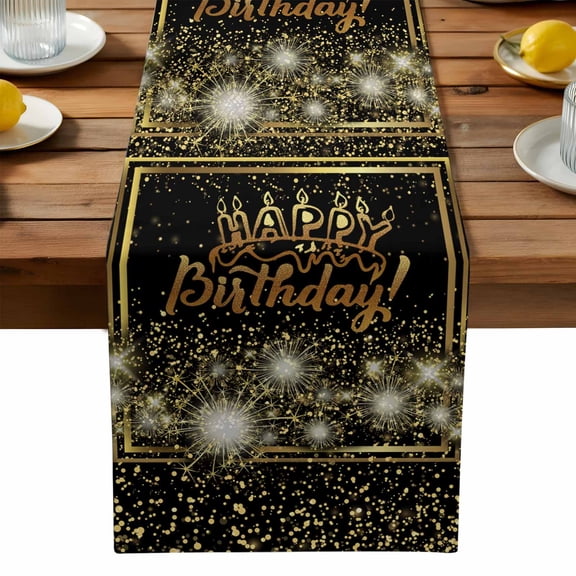 Happy Birthday Cotton Linen Table Runner for Dining Kitchen, Luxurious Black Golden Cake Fireworks Wedding Outdoor Party Tablerunners Decoration, Dresser Scarf Coffee Tablecloth Runners 13x108 Inches