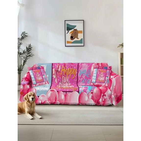 Happy Birthday Couch Cover for 2 Cushion Couch, Pink Balloons Bows Polka Dot Cakes Washable Love Seat Sofa Covers Slipcover, Throw Sofa Covers for Pets, Furniture Protector 71"x102"