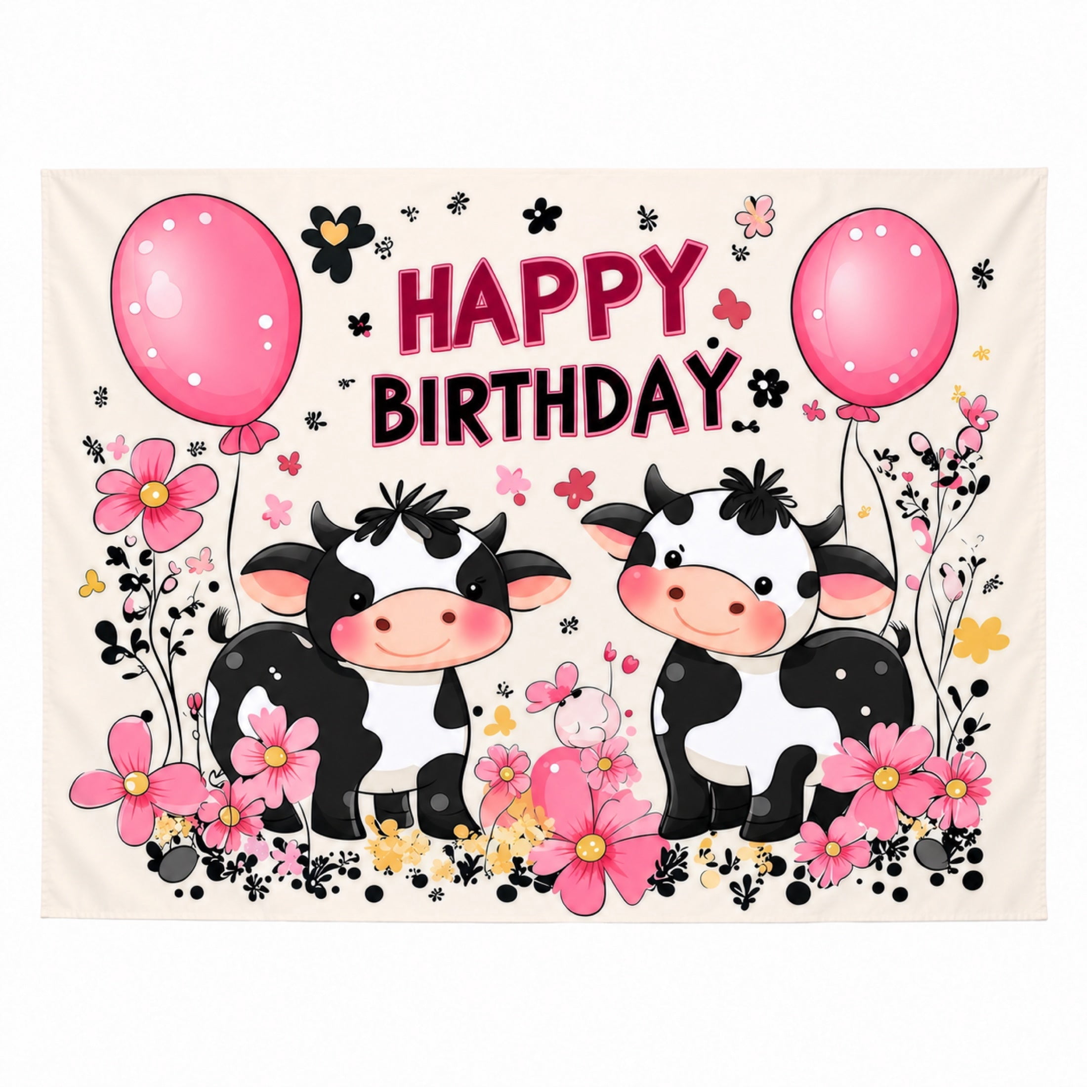 Happy Birthday Cows and Pink Flowers Printed Polyester Backdrop, 210 x ...