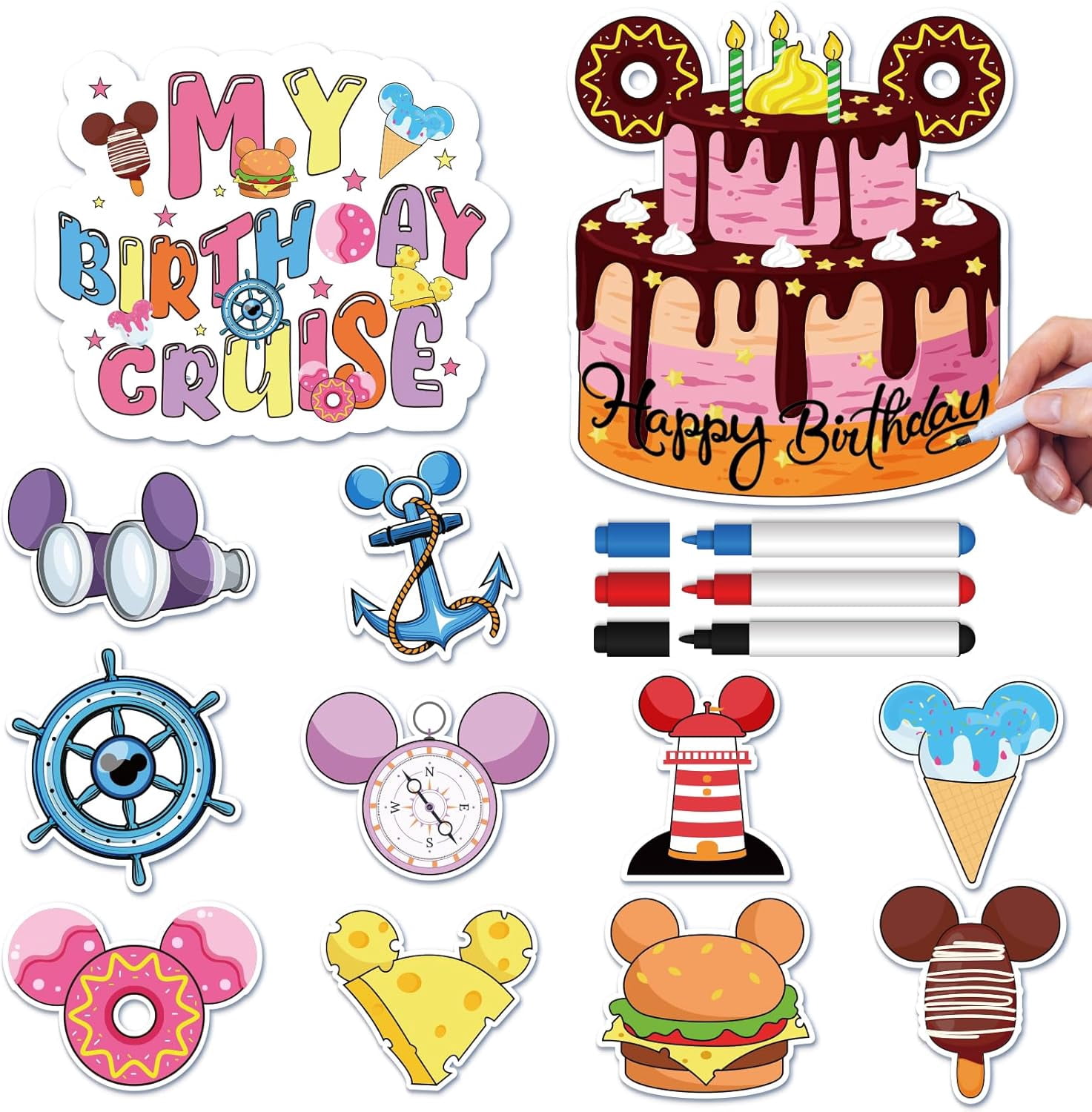 Happy Birthday Cruise Door Magnets Decorations - 12 Pcs Funny Magnetic Stickers Decorations for Cruise Ship Door, Cute Cabin Ship Carnival Party Supplies