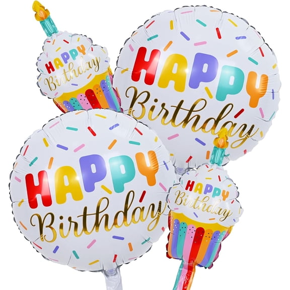 Happy Birthday Cupcake Cute Foil Balloons, Rainbow Sprinkle Happy Birthday Inflatable Mylar Round Balloon and Mini Cupcake Helium Balloons for Kids Children Girls Sweet birthday Party Decorations