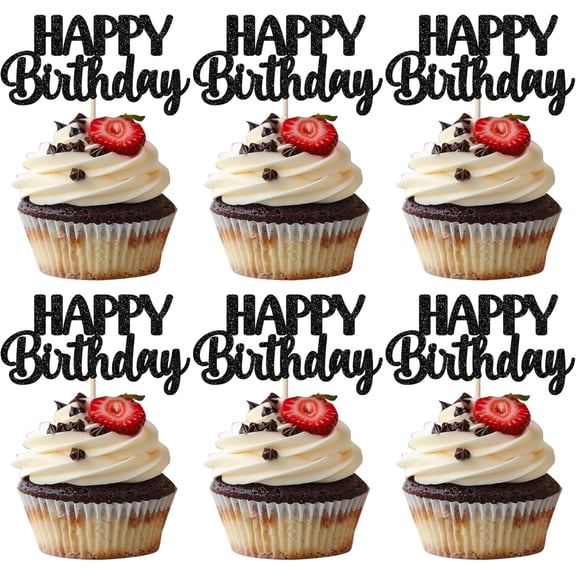 Happy Birthday Cupcake Toppers, 12 Pack Black Glitter Script Themed Picks, Birthday Party Cake Decorations