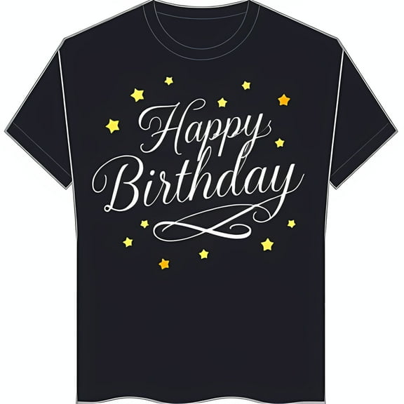Happy Birthday Cursive T-Shirt for Celebrations Black Tee with White Lettering & Yellow Stars