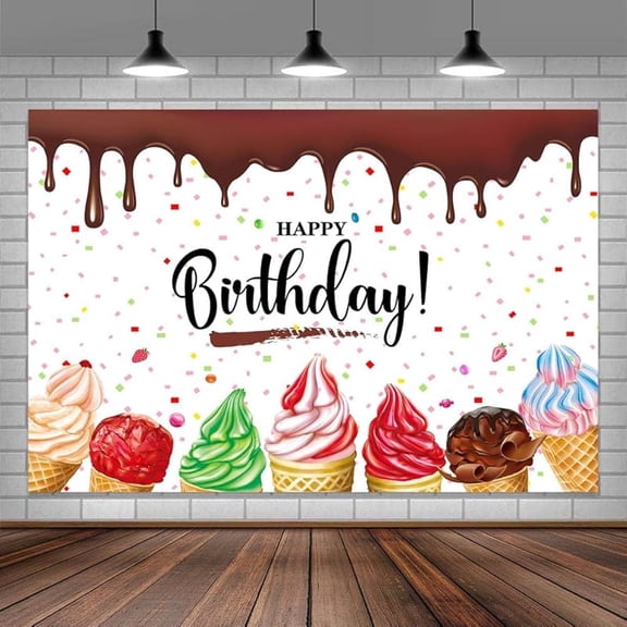 Happy Birthday Cute Backdrop Sweet Candy Dessert Ice Cream Chocolate Girls Birthday Photography Background Polyester Table Banner for Picture Photo Shoot Decor