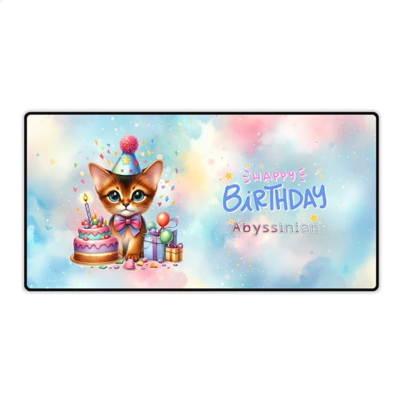 Happy Birthday Cute Kitten Abyssinian with Cake Gifts Party Hat Desk Mat Full Keyboard Mouse Pad Cat Lover Kitten Owner Gifts Large Mousepad - 00029