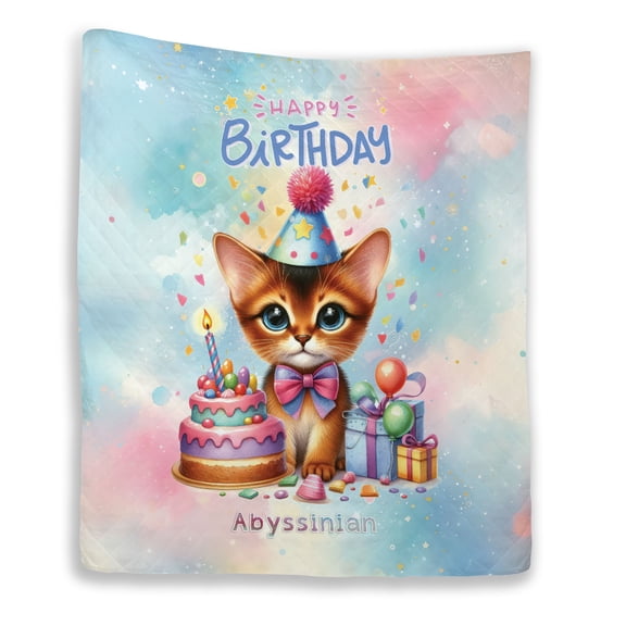 Happy Birthday Cute Kitten Abyssinian with Cake Gifts Party Hat Quilt Blanket Cat Lover Kitten Owner Gifts Cozy Comforter Throw Blanket - 00029