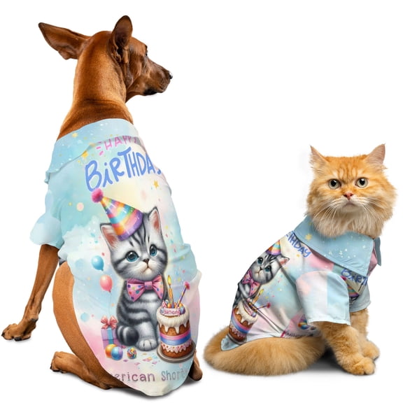 Happy Birthday Cute Kitten American Shorthair with Cake Gifts Party Hat Hawaiian Summer Shirt for Small Medium Large Dog Cat Cat Lover Kitten Owner Gifts - 00029