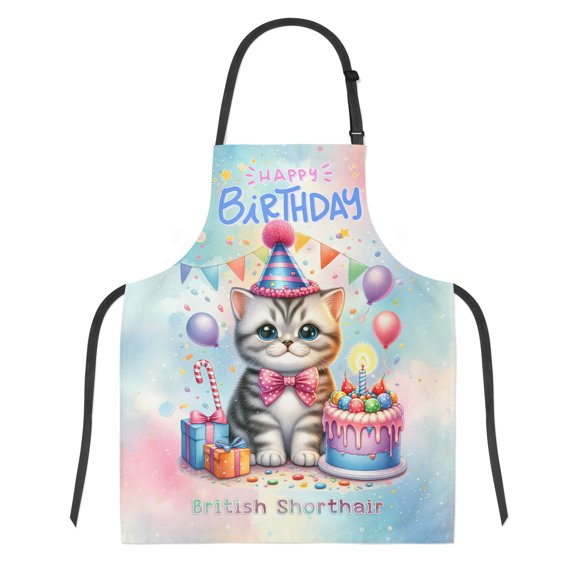 Happy Birthday Cute Kitten British Shorthair with Cake Gifts Party Hat Apron Cat Lover Kitten Owner Gifts for Cooking Grilling Baking Painting Gardening - 00029