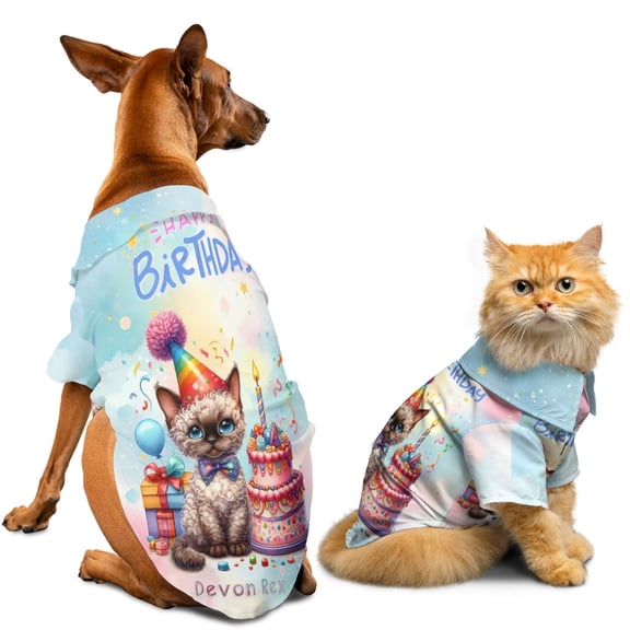 Happy Birthday Cute Kitten Devon Rex with Cake Gifts Party Hat Hawaiian Summer Shirt for Small Medium Large Dog Cat Cat Lover Kitten Owner Gifts - 00029
