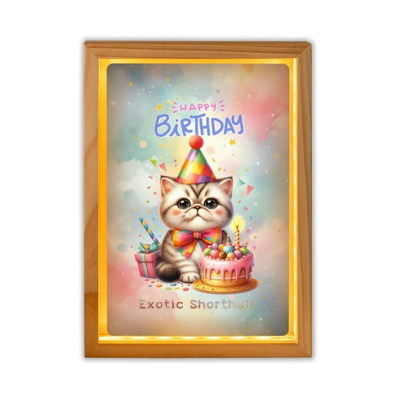 Happy Birthday Cute Kitten Exotic Shorthair with Cake Gifts Party Hat Acrylic Plaque with Wood Photo Frame Box Cat Lover Kitten Owner Gifts Light Box - 00029