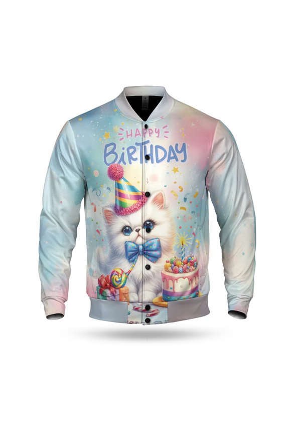 Happy Birthday Cute Kitten Persian with Cake Gifts Party Hat All Over Print 3D Baseball Jacket Cat Lover Kitten Owner Gifts Bomber Jacket Softball - 00029