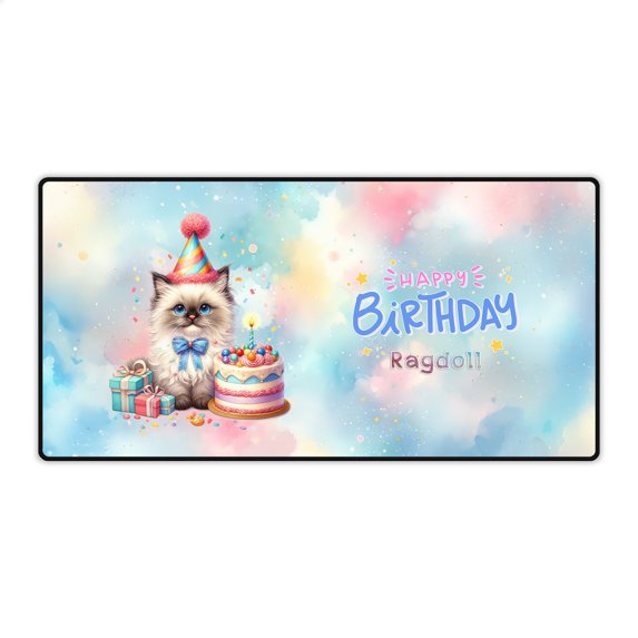 Happy Birthday Cute Kitten Ragdoll with Cake Gifts Party Hat Desk Mat Full Keyboard Mouse Pad Cat Lover Kitten Owner Gifts Idea Large Mousepad - 00029