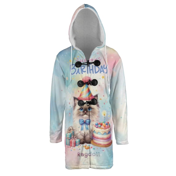 Happy Birthday Cute Kitten Ragdoll with Cake Gifts Party Hat All Over Print 3D Hooded Duffle Toggle Coat Cat Lover Kitten Owner Gifts Idea - 00029