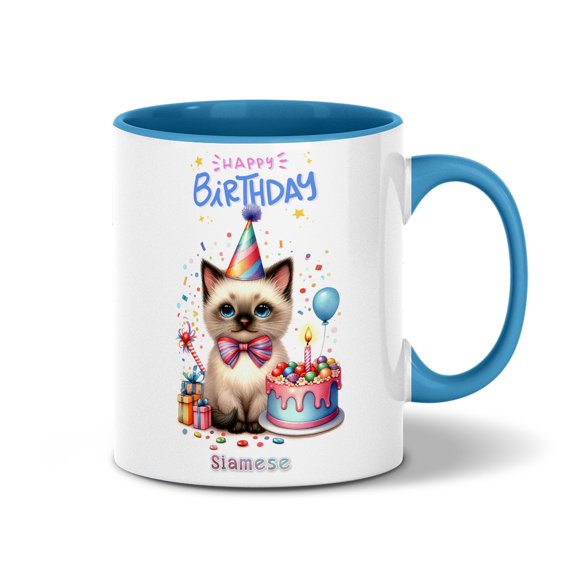 Happy Birthday Cute Kitten Siamese with Cake Gifts Party Hat 11oz Accent Two-tone Mug Cat Lover Kitten Owner Gifts Coffee Tea Cup - 00029