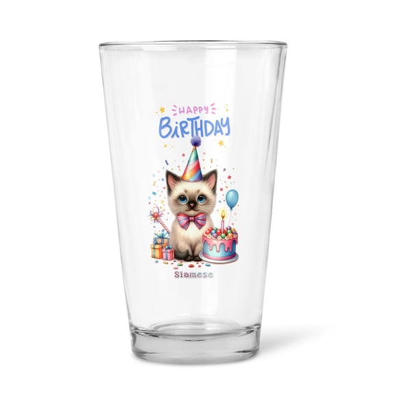 Happy Birthday Cute Kitten Siamese with Cake Gifts Party Hat 16oz Pint Beer Glass Mug Cat Lover Kitten Owner Gifts Beer Glasses Cup - 00029
