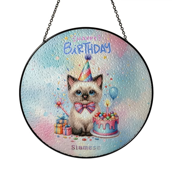 Happy Birthday Cute Kitten Siamese with Cake Gifts Party Hat Stained Glass Suncatcher Cat Lover Kitten Owner Gifts Window Hanging Sign Decor - 00029