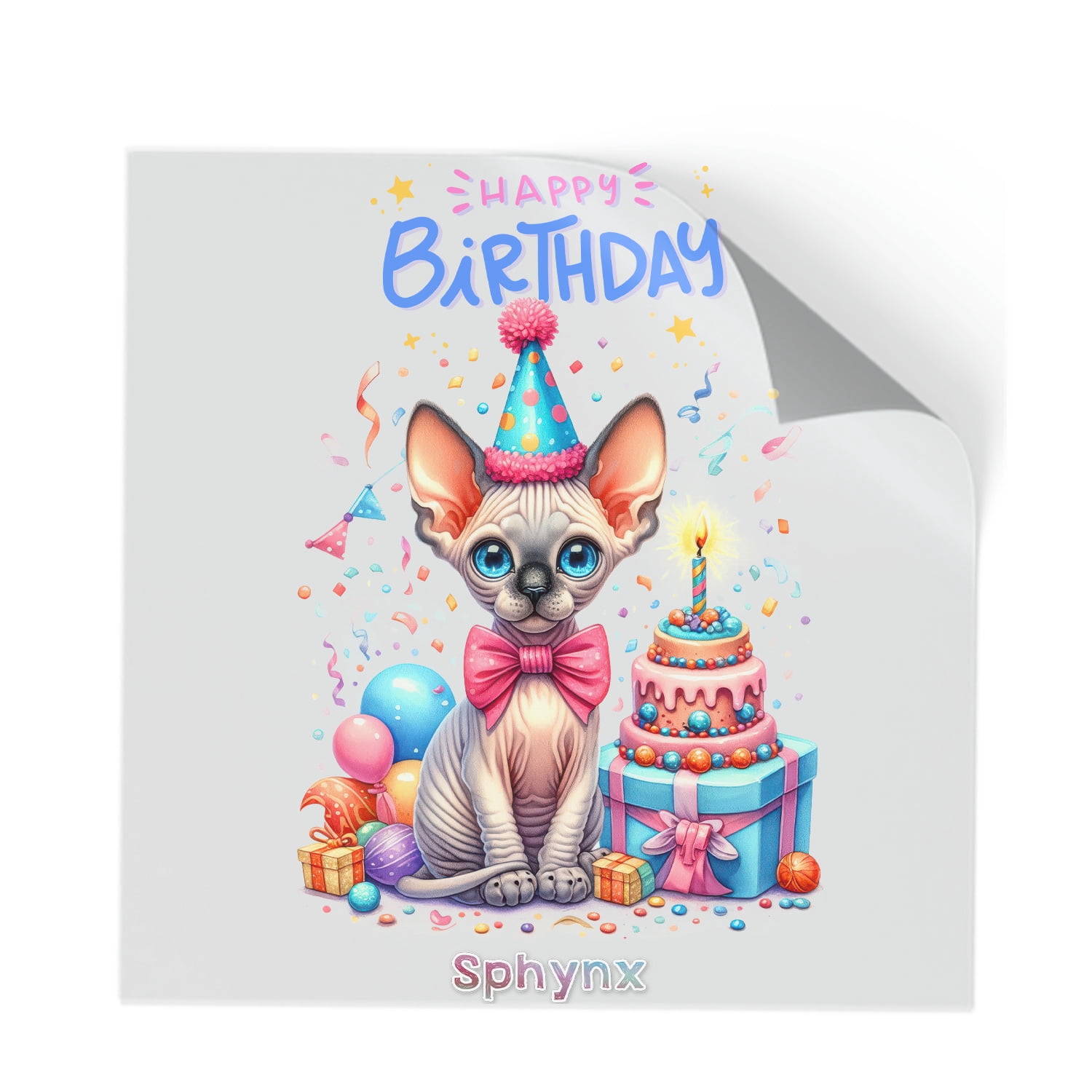 Happy Birthday Cute Kitten Sphynx with Cake Gifts Party Hat Cutout ...