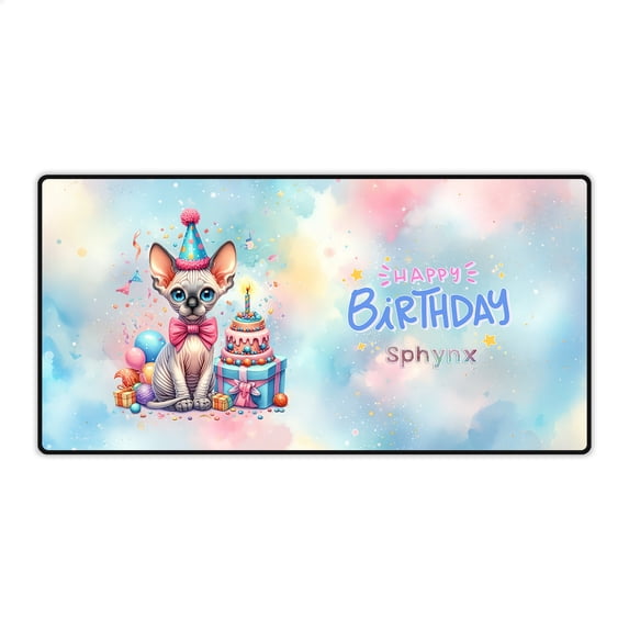 Happy Birthday Cute Kitten Sphynx with Cake Gifts Party Hat Desk Mat Full Keyboard Mouse Pad Cat Lover Kitten Owner Gifts Idea Large Mousepad - 00029