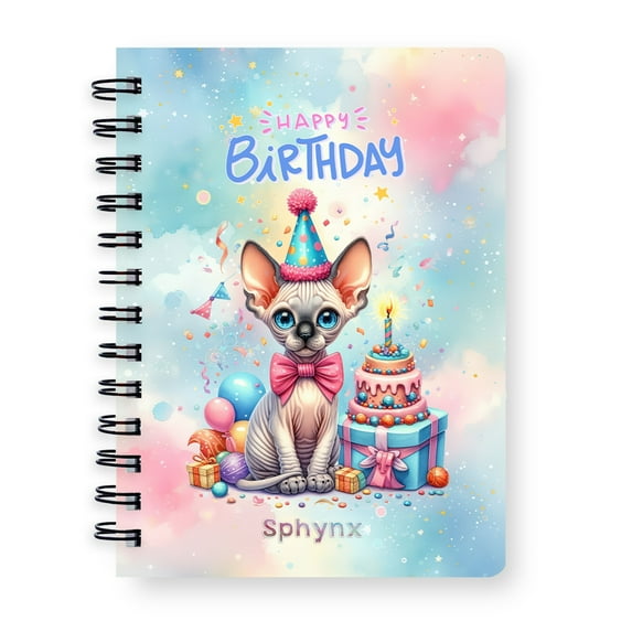 Happy Birthday Cute Kitten Sphynx with Cake Gifts Party Hat Spiral Bound Journal Cat Lover Kitten Owner Gifts Idea 5x7in Spiral Notebook - 00029
