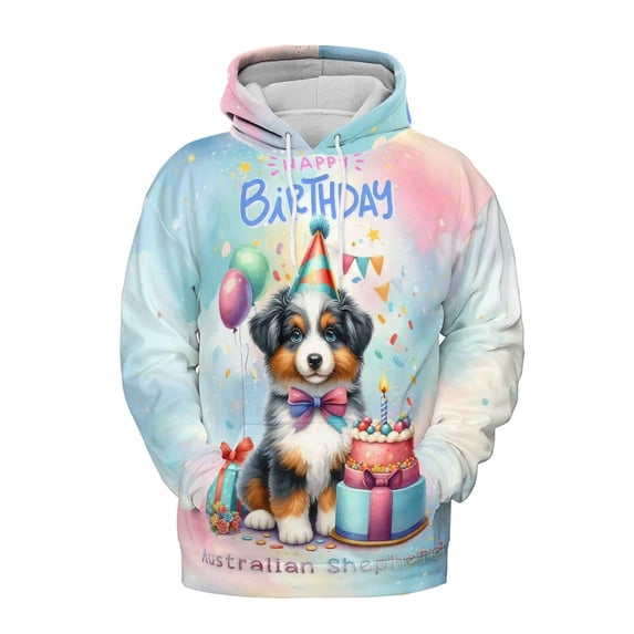 Happy Birthday Cute Puppy Australian Shepherd with Cake Gifts Party Hat All Over Print 3D Hoodie Unisex Merch Hoodies Aussie Dog Lover Gifts - 00029