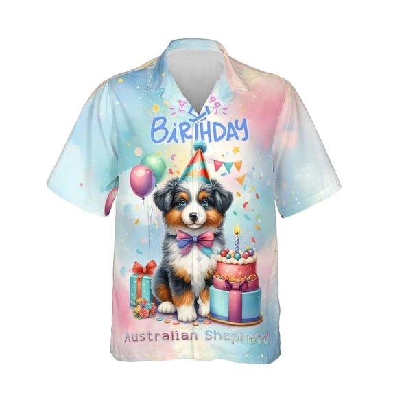 Happy Birthday Cute Puppy Australian Shepherd with Cake Gifts Party Hat Hawaiian Shirt Breathable Summer Unisex Merch Aussie Dog Lover Gifts - 00029